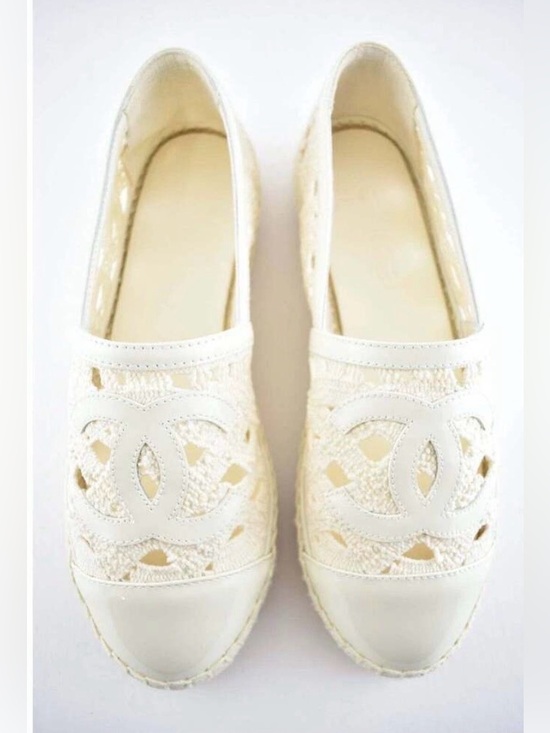 CHANEL Shoes - CHANEL Cream Lace Espadrille Flats - Size 42